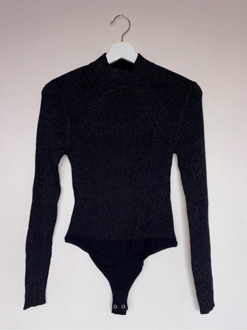 Dynamite Black Glitter Mock Neck Open-back Long-Sleeve Bodysuit